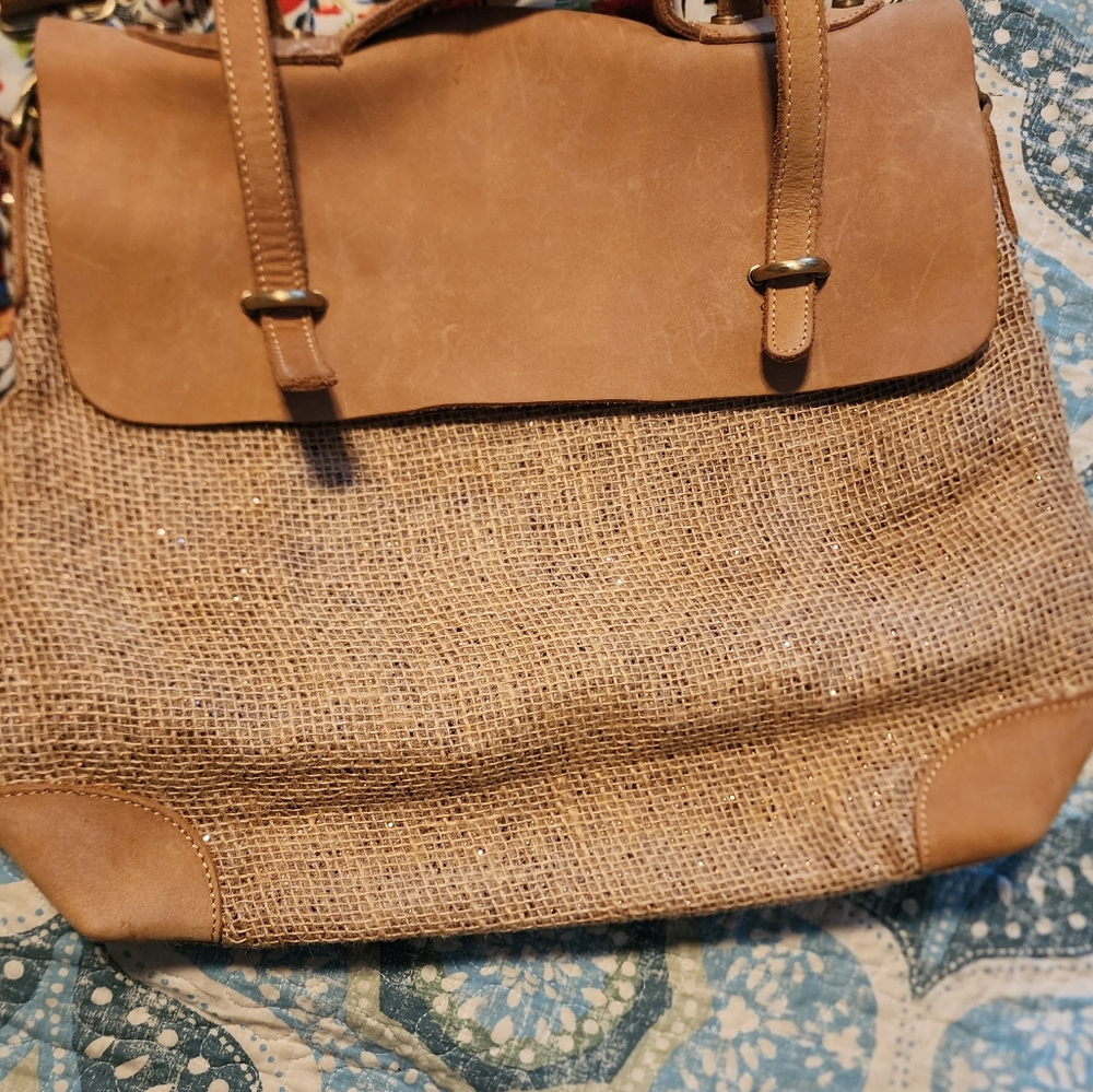 Anthropology Jesslyn Blake tan burlap canvas sparkle leather crossbody bag - Picture 9 of 9